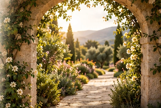 Un sendero soleado atraviesa un arco de piedra y un jardín